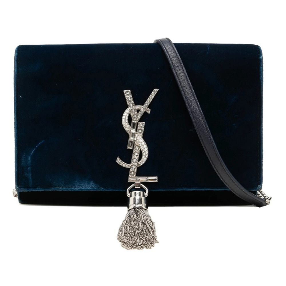 Saint Laurent YSL Logo Kate Chain Shoulder Bag Navy Silver Velvet Rhinestone ...